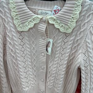 Jessica Simpson Pink Cable Knit Cardigan with Cream Lace Collar Valentines 💕💗